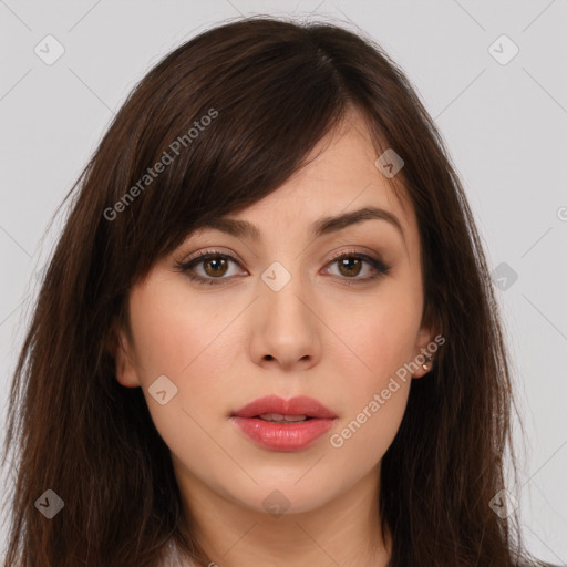 Neutral white young-adult female with long  brown hair and brown eyes