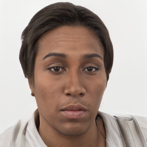 Neutral white young-adult female with short  brown hair and brown eyes