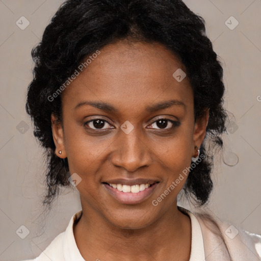 Joyful black young-adult female with medium  black hair and brown eyes