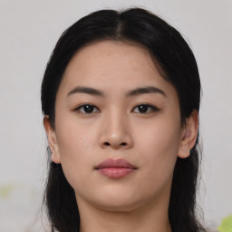 Neutral asian young-adult female with long  black hair and brown eyes