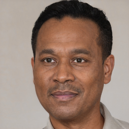 Joyful latino adult male with short  black hair and brown eyes