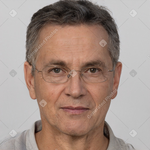 Neutral white middle-aged male with short  brown hair and brown eyes