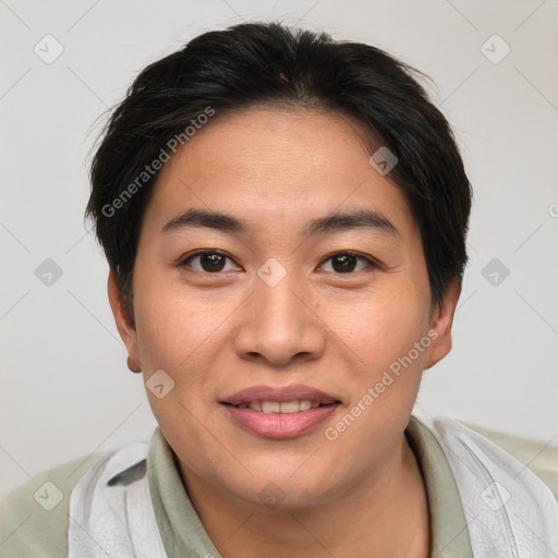 Joyful asian young-adult female with short  brown hair and brown eyes