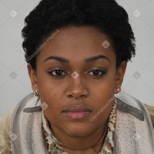 Neutral black young-adult female with short  black hair and brown eyes