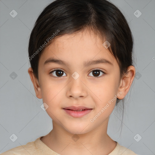 Joyful white child female with medium  brown hair and brown eyes