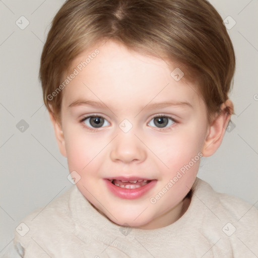 Joyful white child female with short  brown hair and brown eyes