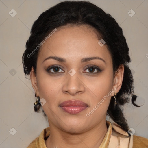 Joyful latino young-adult female with medium  brown hair and brown eyes