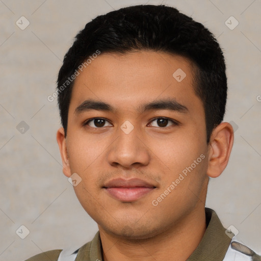 Neutral latino young-adult male with short  black hair and brown eyes