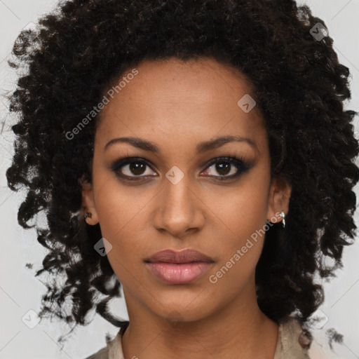 Neutral black young-adult female with medium  brown hair and brown eyes