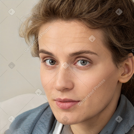 Neutral white young-adult female with short  brown hair and brown eyes