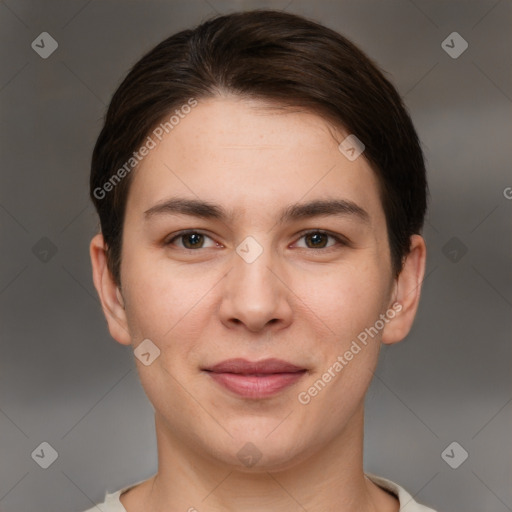 Joyful white young-adult female with short  brown hair and brown eyes