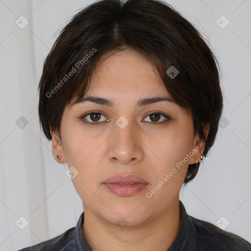 Neutral white young-adult female with medium  brown hair and brown eyes