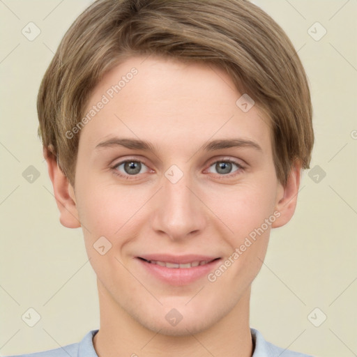 Joyful white young-adult female with short  brown hair and grey eyes