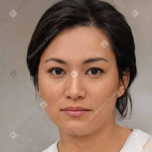 Neutral asian young-adult female with medium  black hair and brown eyes