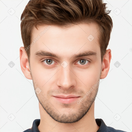 Neutral white young-adult male with short  brown hair and grey eyes