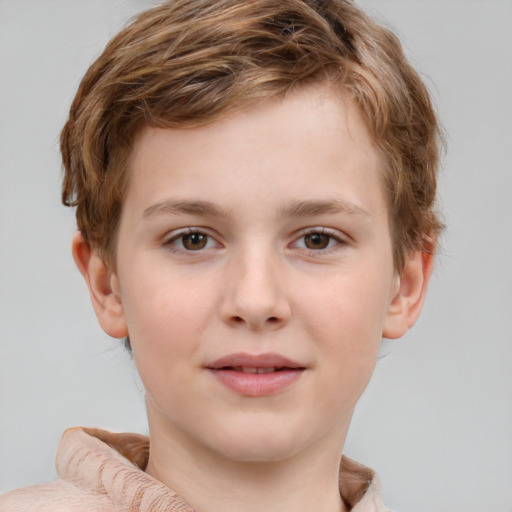 Joyful white child male with short  brown hair and grey eyes