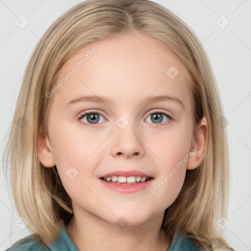 Joyful white child female with medium  brown hair and blue eyes