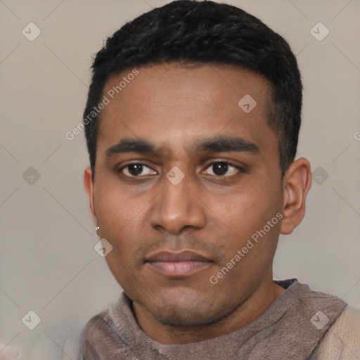 Neutral latino young-adult male with short  black hair and brown eyes