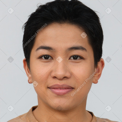 Joyful asian young-adult female with short  brown hair and brown eyes