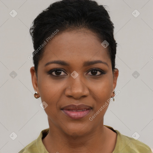 Joyful black young-adult female with short  black hair and brown eyes