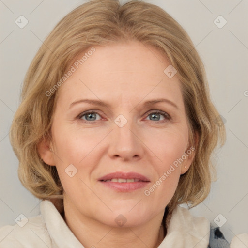 Joyful white adult female with medium  brown hair and blue eyes