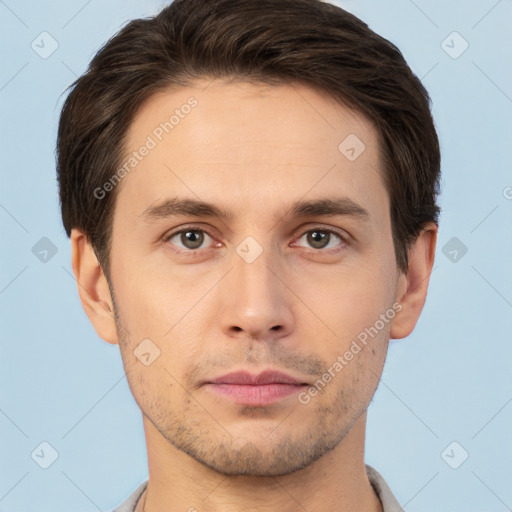 Neutral white young-adult male with short  brown hair and brown eyes