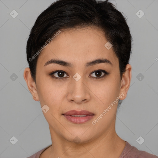 Joyful asian young-adult female with short  brown hair and brown eyes