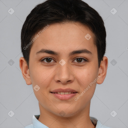 Joyful white young-adult female with short  brown hair and brown eyes