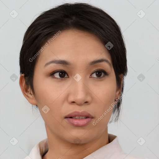 Neutral asian young-adult female with medium  brown hair and brown eyes