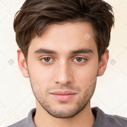 Neutral white young-adult male with short  brown hair and brown eyes