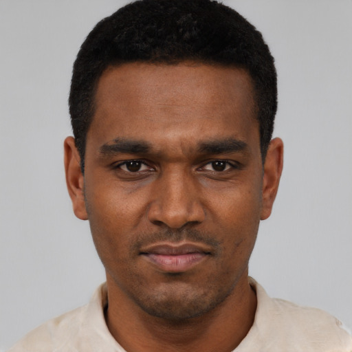 Neutral black young-adult male with short  black hair and brown eyes
