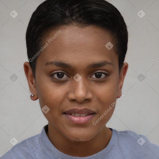 Joyful black young-adult female with short  brown hair and brown eyes