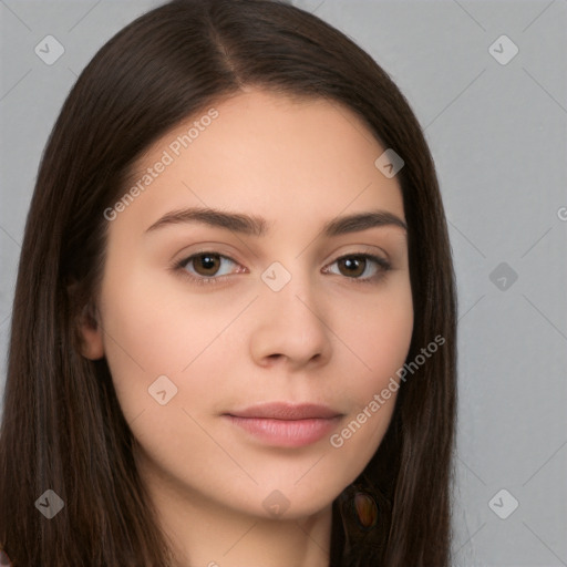 Neutral white young-adult female with long  brown hair and brown eyes