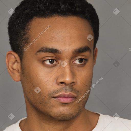 Neutral latino young-adult male with short  brown hair and brown eyes