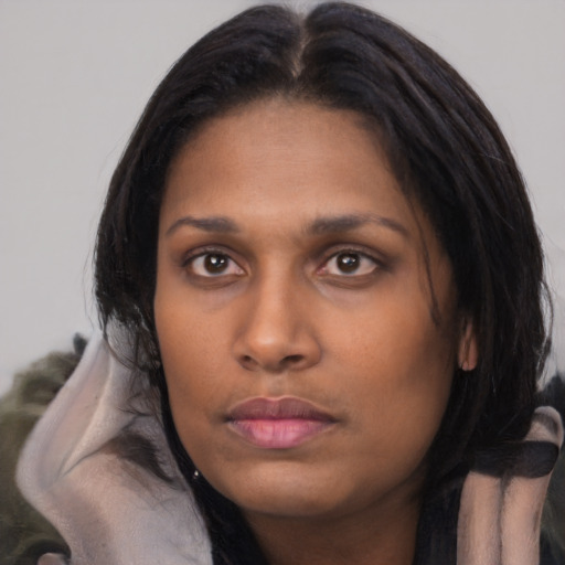 Neutral asian young-adult female with medium  brown hair and brown eyes