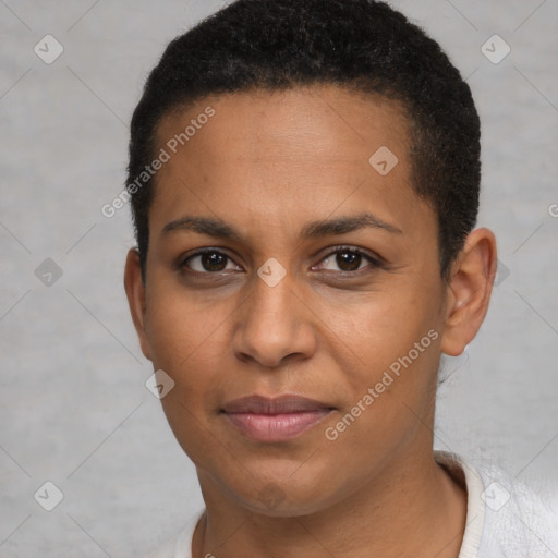 Joyful black young-adult female with short  brown hair and brown eyes