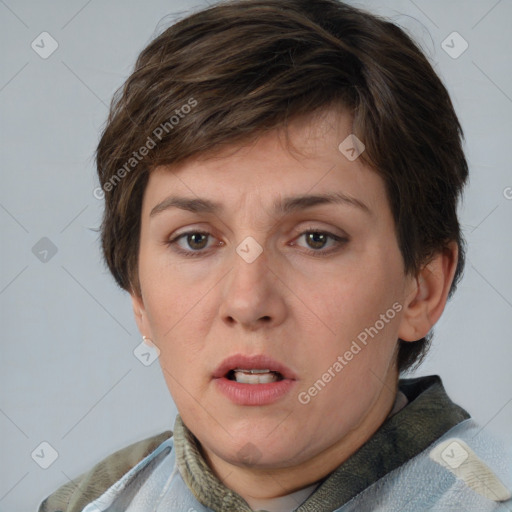 Neutral white young-adult female with short  brown hair and brown eyes