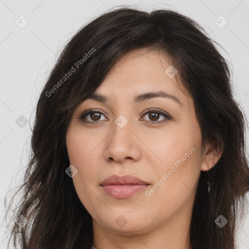 Joyful latino young-adult female with long  brown hair and brown eyes