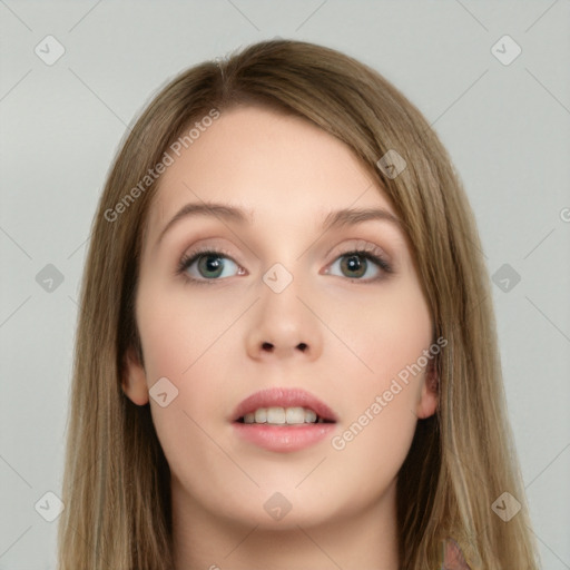 Neutral white young-adult female with long  brown hair and green eyes