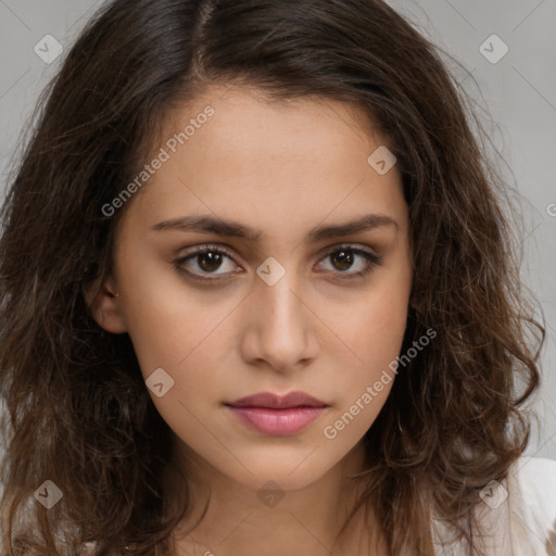 Neutral white young-adult female with long  brown hair and brown eyes