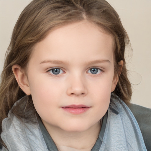 Neutral white child female with medium  brown hair and grey eyes