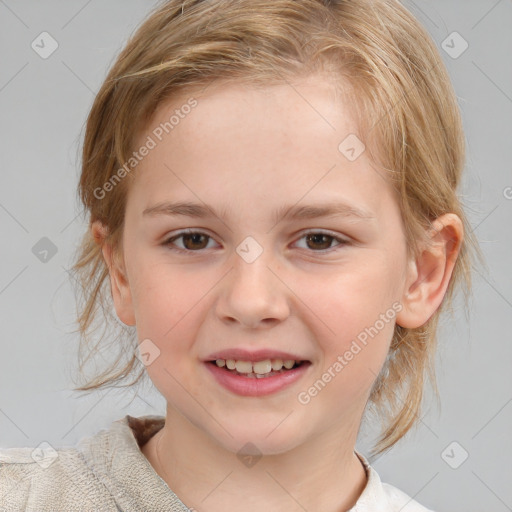 Joyful white child female with medium  brown hair and brown eyes