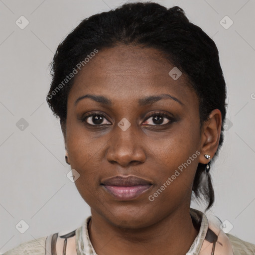 Neutral black young-adult female with short  black hair and brown eyes