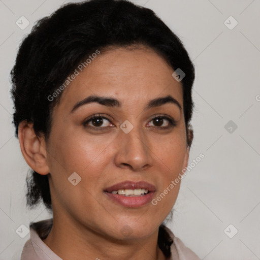 Joyful latino young-adult female with short  brown hair and brown eyes