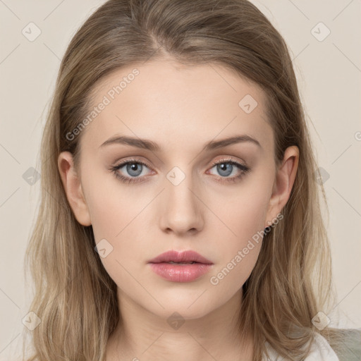 Neutral white young-adult female with long  brown hair and grey eyes