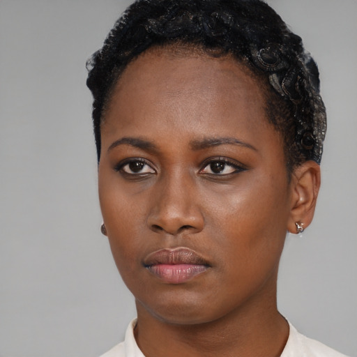 Neutral black young-adult female with short  black hair and brown eyes
