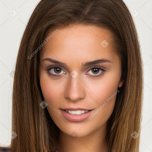 Neutral white young-adult female with long  brown hair and brown eyes