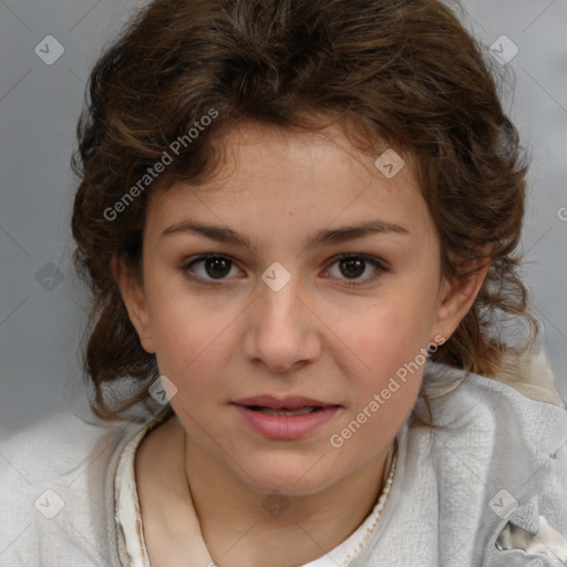 Joyful white child female with medium  brown hair and brown eyes