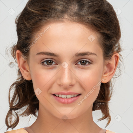 Joyful white child female with medium  brown hair and brown eyes