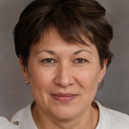 Joyful white adult female with short  brown hair and brown eyes